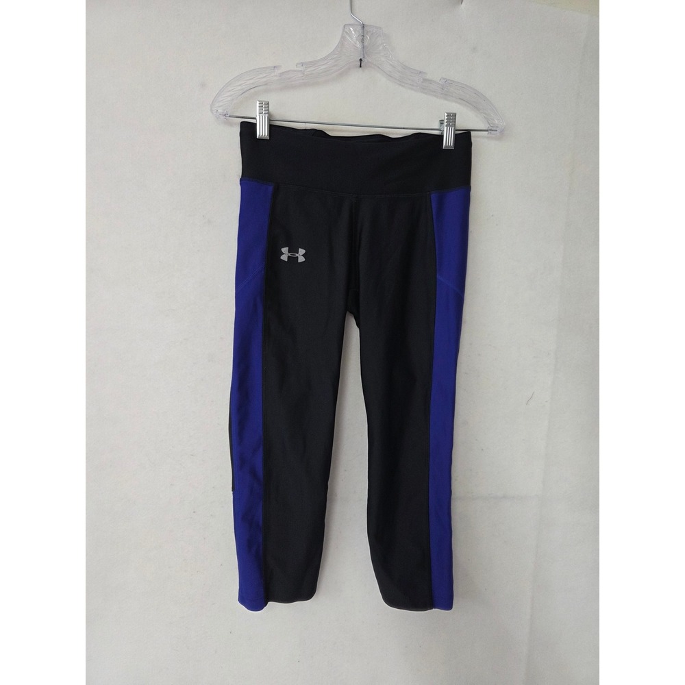 Under Armour Compression Leggings Womens Medium Black Blue Cropped Zipper Pocket